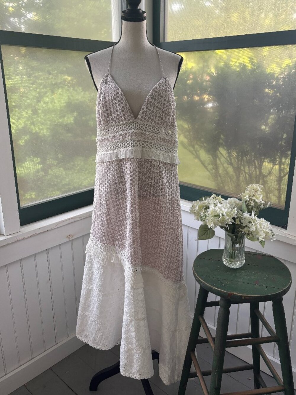 Saylor | White Circle Lace & Eyelet Halter Maxi Dress | Size L/XL | Like New